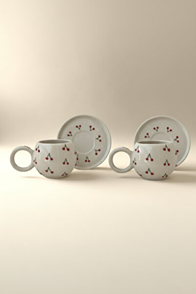 Home Kiraz Kabartmalı 2'li Tabaklı El Yapımı Ece Kahve Çay Fincanı Takımı