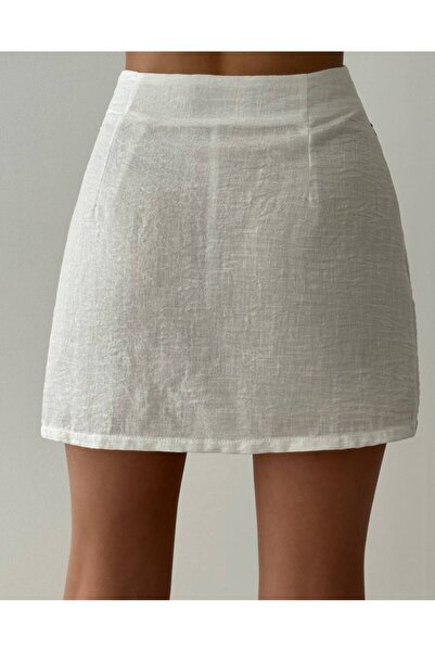 Butik Beyaz Mini Etek Mavi Desen Detaylı
