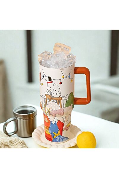 DILLER 1200ml Cute Animals Tumbler Stainless Steel Thermos With/Without Straw with Handle
