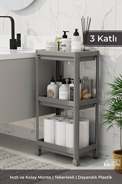 BRAMBLE LIFE 3-рівневий сірий Peggy колісний стелаж - шафа для шампуню та руш...