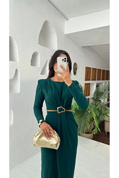 Nida Boutique Φόρεμα από πλέγμα κρεπ με μακρύ μανίκι άνοιγμα μπροστά και χαμηλή μέση