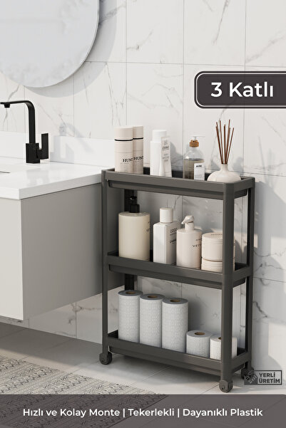 BRAMBLE LIFE 3 Katlı Slim Tekerlekli Dikdörtgen Raf Ünitesi Banyo Mutfak Düze...