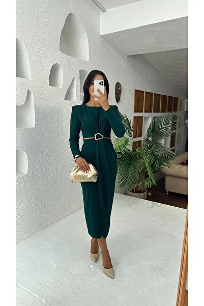 Nida Boutique Φόρεμα από πλέγμα κρεπ με μακρύ μανίκι άνοιγμα μπροστά και χαμηλή μέση