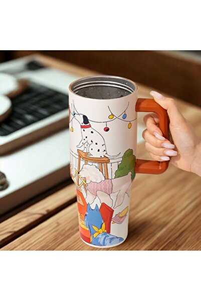 DILLER 1200ml Cute Animals Tumbler Stainless Steel Thermos With/Without Straw with Handle