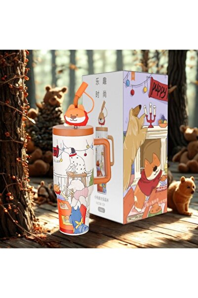 DILLER 1200ml Cute Animals Tumbler Stainless Steel Thermos With/Without Straw with Handle