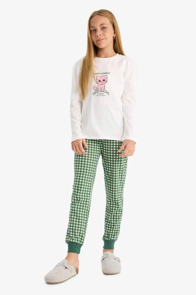 DeFacto Girls Pajamas Set Printed Long Sleeve Top Checked Long Bottom F1083A825Au