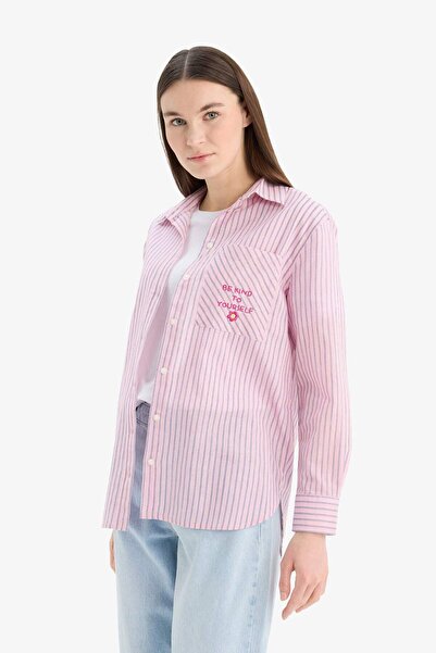 DeFacto Relax Fit Baskılı Flamlı Pamuk Çizgili Uzun Kollu Gömlek Tunik C8854AX25SM