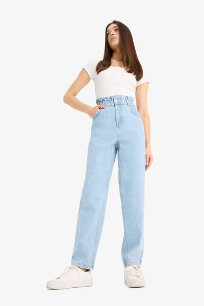 DeFacto Paperbag, talie înaltă, picior drept, pantaloni lungi din blugi spălați cu zăpadă E7760AX25AU