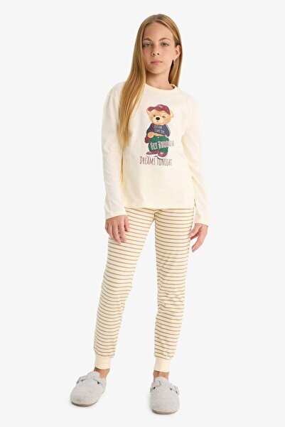DeFacto Girls Pajamas Set Printed Long Sleeve Top Striped Long Bottom F1085A825Au