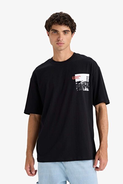 DeFacto Μπλουζάκι με κοντό μανίκι με στάμπα 100% βαμβακερό Boxy Fit Crew F8555AX25HS