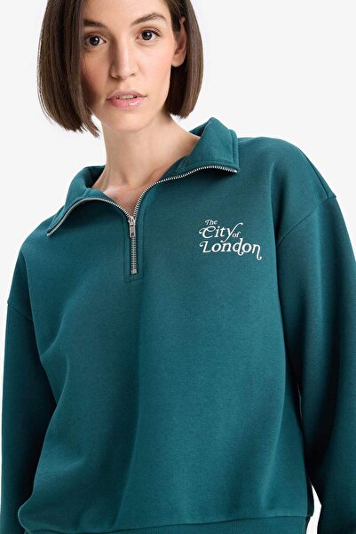 DeFacto Regular Fit Yarım Fermuarlı Baskılı Kalın Sweatshirt F1067AX25AU