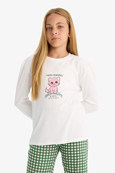 DeFacto Kız Çocuk Pijama Takımı Baskılı Uzun Kollu Üst Kareli Uzun Alt F1083A825AU