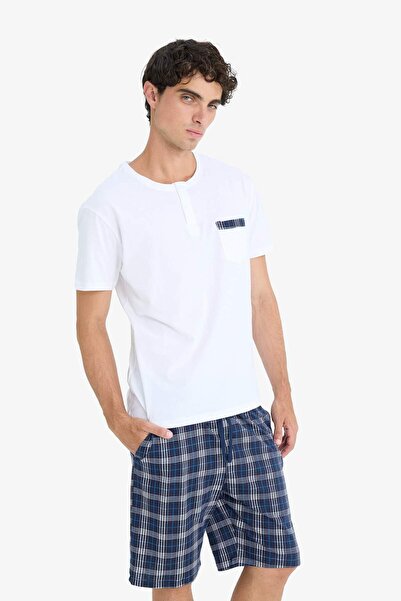 DeFacto Regular Fit Pijama Takımı Kısa Kollu Üst Kareli Şort E7158AX25HS