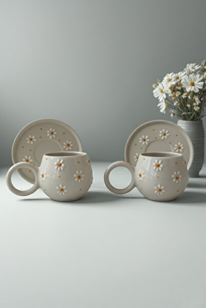 Home Papatya Kabartmalı 2'li Tabaklı El Yapımı Ece Kahve Çay Fincanı Takımı