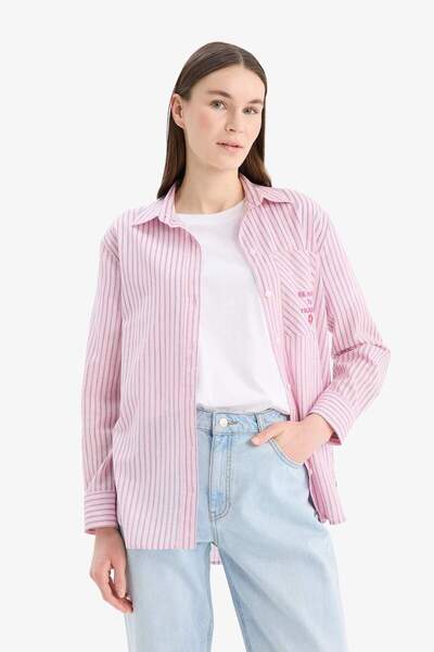 DeFacto Relax Fit Baskılı Flamlı Pamuk Çizgili Uzun Kollu Gömlek Tunik C8854AX25SM