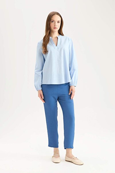 DeFacto Regular Fit Bisiklet Yaka Flamlı Pamuk Uzun Kollu Bluz D8809AX25SP