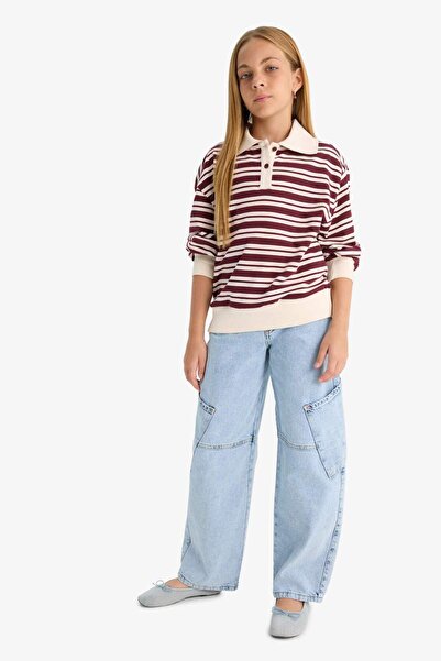 DeFacto Κοριτσίστικο μακρυμάνικο σχολικό μπλουζάκι με ριγέ γιακά πόλο F8399A825AU