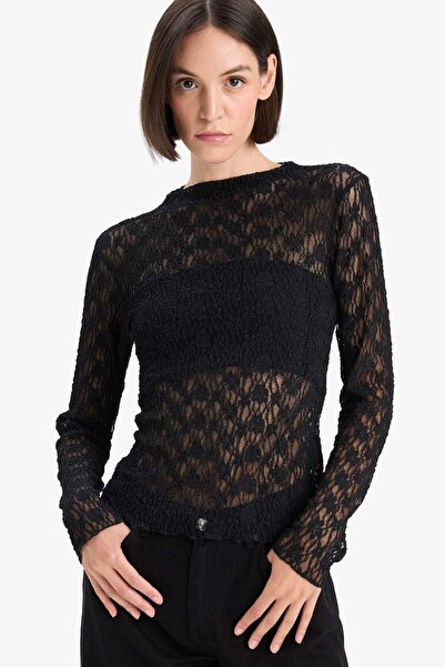 DeFacto Slim Fit Dar Kesim Kayık Yaka Dantel Uzun Kollu Bluz F8116AX25AU