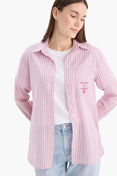 DeFacto Relax Fit Baskılı Flamlı Pamuk Çizgili Uzun Kollu Gömlek Tunik C8854AX25SM