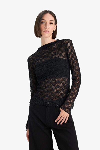 DeFacto Slim Fit Dar Kesim Kayık Yaka Dantel Uzun Kollu Bluz F8116AX25AU