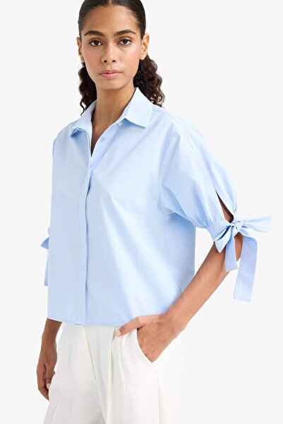 DeFacto Regular Fit Bağlama Detaylı Poplin Uzun Kollu Gömlek F9139AX25WN