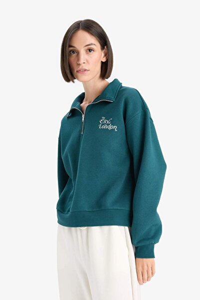 DeFacto Regular Fit Yarım Fermuarlı Baskılı Kalın Sweatshirt F1067AX25AU