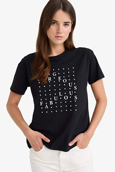 DeFacto Μπλουζάκι με κοντό μανίκι με στάμπα με λαιμόκοψη Relax Fit F8462AX25AU