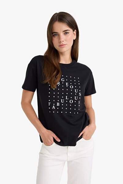 DeFacto Μπλουζάκι με κοντό μανίκι με στάμπα με λαιμόκοψη Relax Fit F8462AX25AU