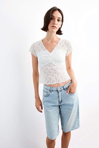 DeFacto Tricou cu mânecă scurtă din dantelă cu decolteu în V F9155AX25SM