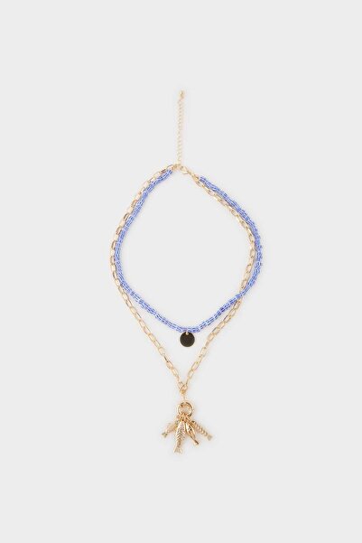 DeFacto Women's 2-Piece Blue Stone Fish Gold Necklace F4029Axns