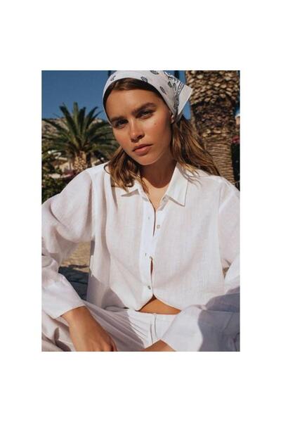 Mavi Beyaz Keten Gömlek Oversize / Geniş Kesim 1210747-620