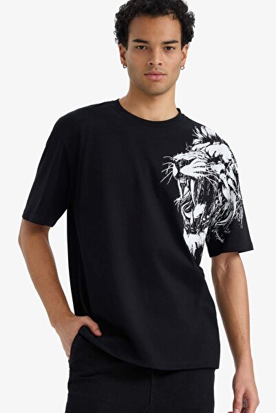 DeFacto Тениска с къс ръкав и щампа с квадратна кройка и кръгло деколте F8648AX25HS