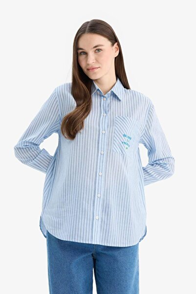 DeFacto Relax Fit Baskılı Flamlı Pamuk Çizgili Uzun Kollu Gömlek Tunik C8854AX25SM