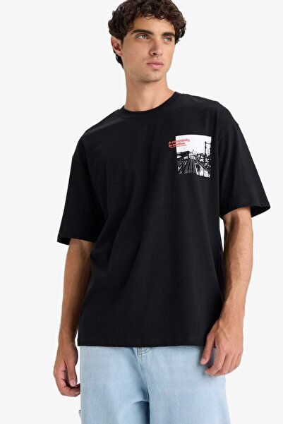 DeFacto Μπλουζάκι με κοντό μανίκι με στάμπα 100% βαμβακερό Boxy Fit Crew F8555AX25HS