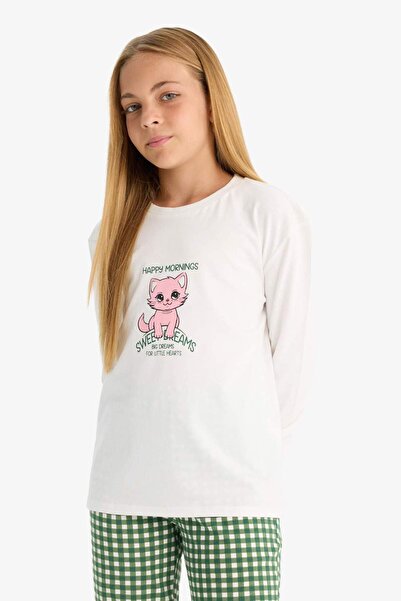 DeFacto Kız Çocuk Pijama Takımı Baskılı Uzun Kollu Üst Kareli Uzun Alt F1083A825AU