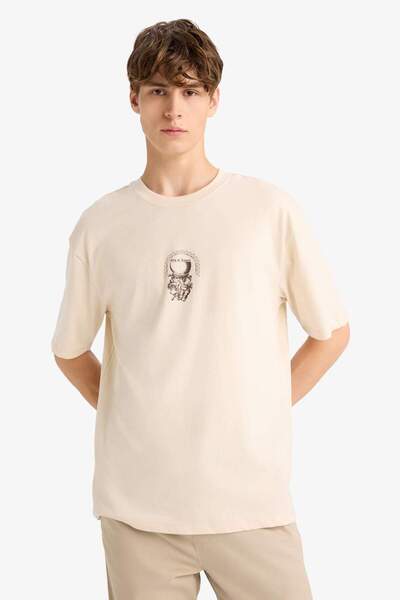 DeFacto 100% Cotton Boxy Fit Relaxed Fit Crew Neck Back Printed Short Sleeve T-Shirt F8322Ax25Au