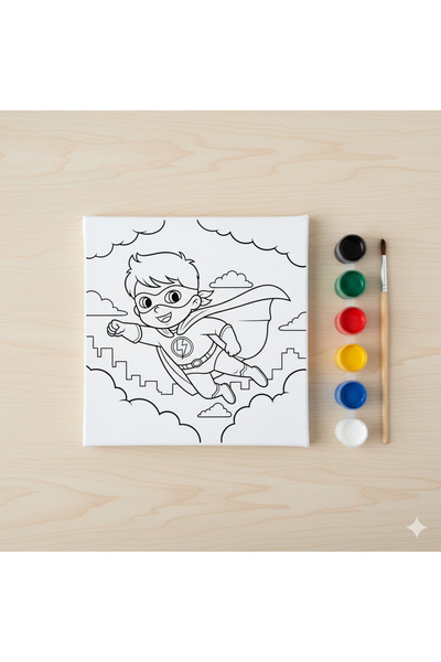 Hobiuniverse Çocuklar İçin Süper Kahraman Akrilik Boyama Seti & Tuval | Pelerinli Uçan Kahraman Hobi Kiti