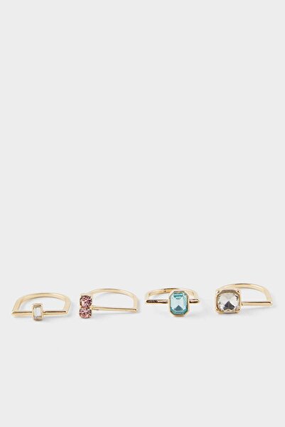 DeFacto Women's 4-Piece Colorful Stone Gold Ring F6228Axns