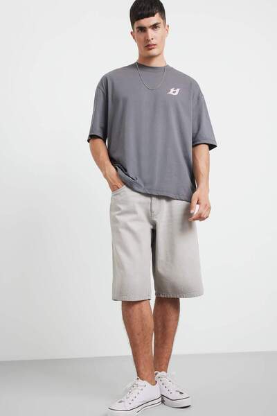 DeFacto 100% Cotton Baggy Fit Jean Bermuda Shorts F7866Ax25Hs