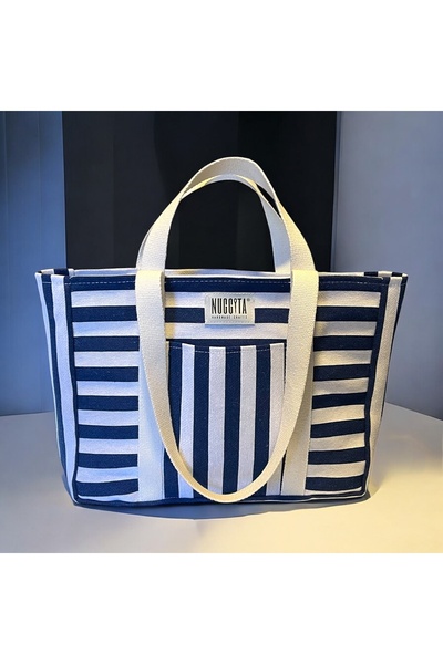 Nuggita Large Size Navy Blue White Striped Shoulder / Beach Bag