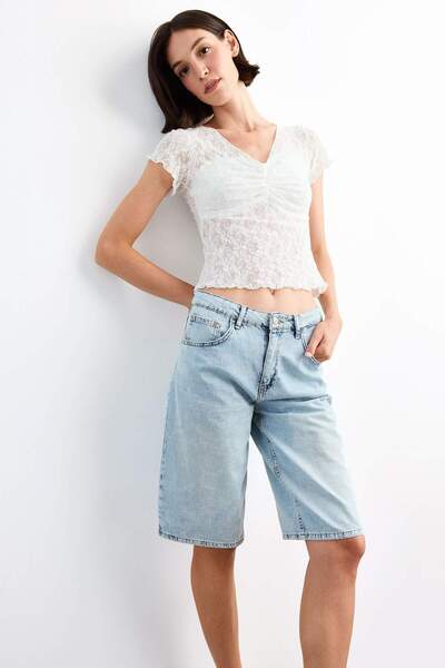 DeFacto Fitted V Neck Lace Short Sleeve T-Shirt F9155Ax25Sm