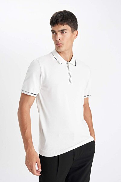 DeFacto Standard-Fit-Polo-Kragen-Strickwaren-T-Shirt mit Reißverschluss und kurzen Ärmeln D6199AX25AU
