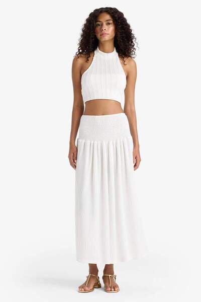 DeFacto A-Line Regular Waist Gipeli Wrap White Maxi Skirt F7074Ax25Sm