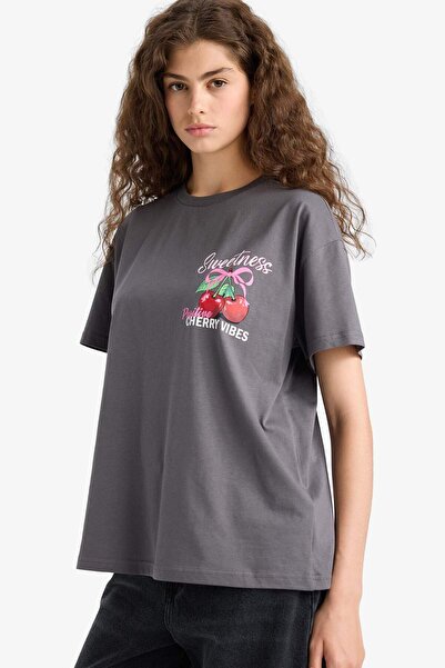 DeFacto Oversize Wide Fit Crew Neck Fruit Back Printed Short Sleeve T-Shirt F6398Ax25Sm