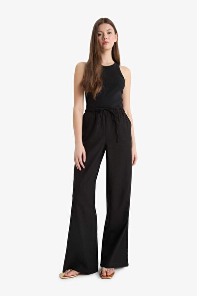 DeFacto Wide Leg Çift Cepli Beli Lastikli Standart Boy Keten Karışımlı Pantolon E1981AX25SM
