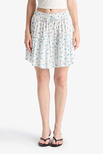 DeFacto Coool Çiçek Desenli Yüksek Bel Penye Astar Krinkıl Viskon Mini Etek F7223AX25HS