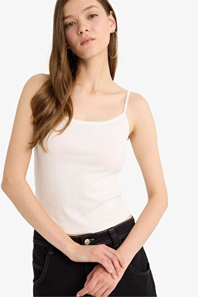 DeFacto Coool Fitted U-Ausschnitt Ripp-Top Träger Weißes Tanktop F7916AX25HS