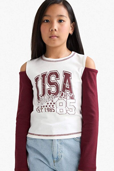 DeFacto Κοριτσίστικο μακρυμάνικο σχολικό μπλουζάκι με λεπτή εφαρμογή με στάμπα με ραβδώσεις F7582A825AU