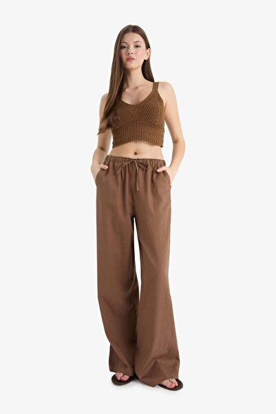 DeFacto Wide Leg Double Pocket Elastic Waist Standard Length Linen Blend Trousers E1981Ax25Sm
