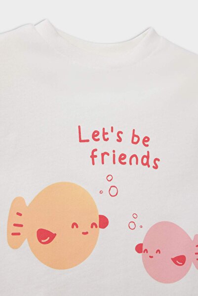 DeFacto Kız Bebek Yenidoğan Bisiklet Yaka Baskılı Penye 2'li Kısa Kollu Tişört E8246A525SM